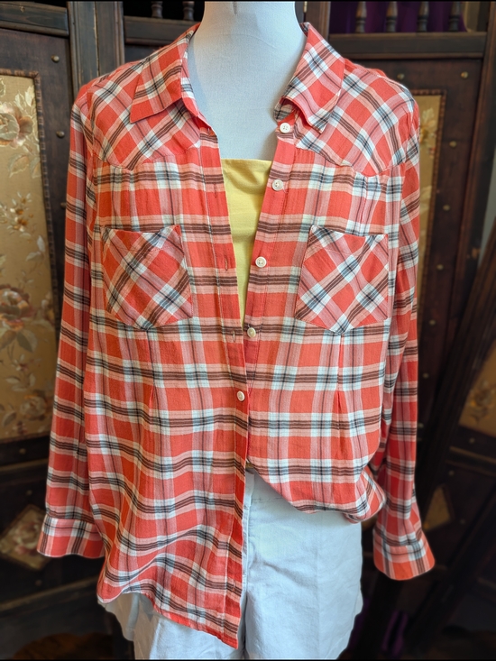 Joie Tops - Joie Coral and White Plaid Button Down Top Small S Long Sleeves Casual Bright